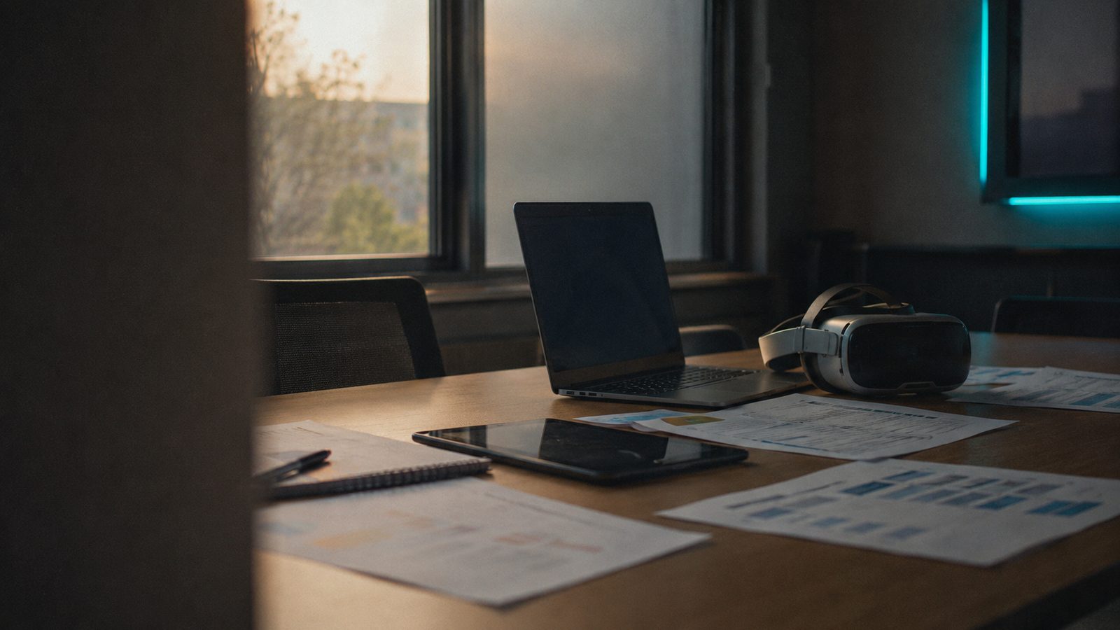 A meeting-room table during a software evaluation: laptop, tablet, VR headset and out-of-focus comparison sheets in late-afternoon light