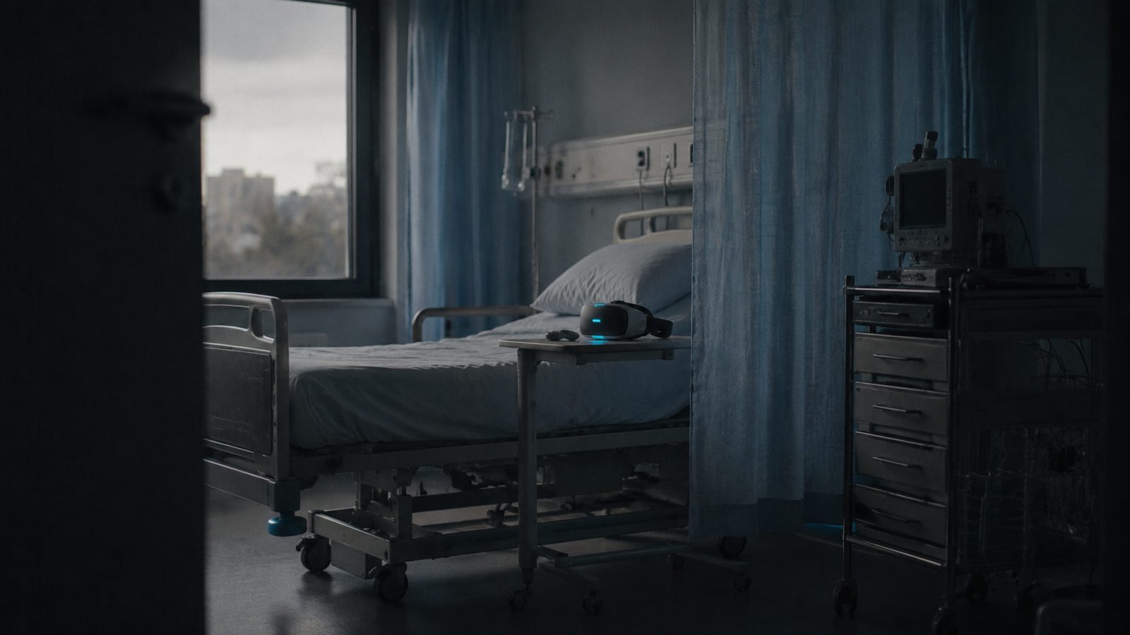 An empty NHS ward bay at dawn: hospital bed, privacy curtain and a VR headset with a standby light on the overbed table