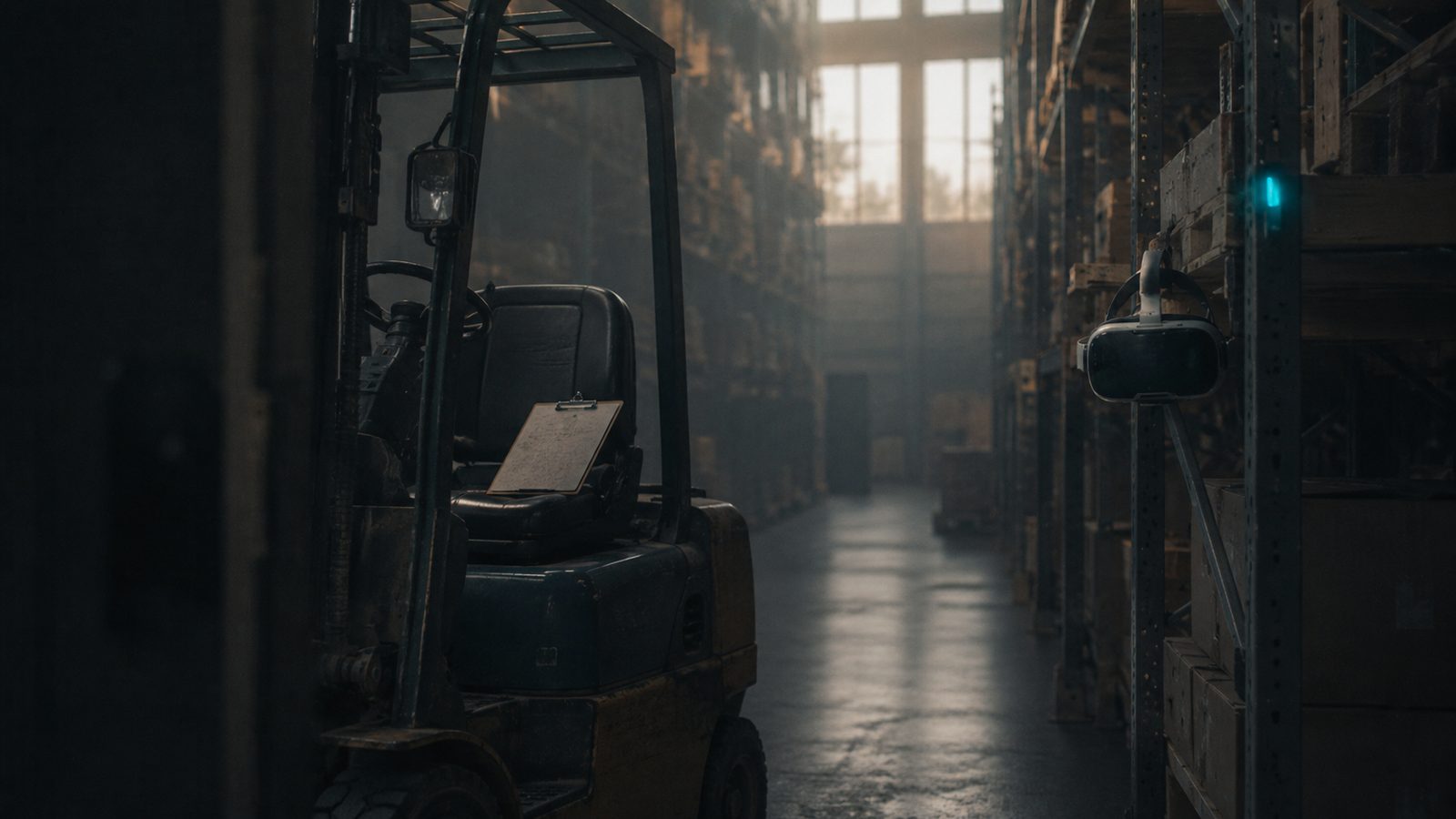 A warehouse aisle at first light: parked forklift with an inspection clipboard on the seat and a VR headset hanging from the racking