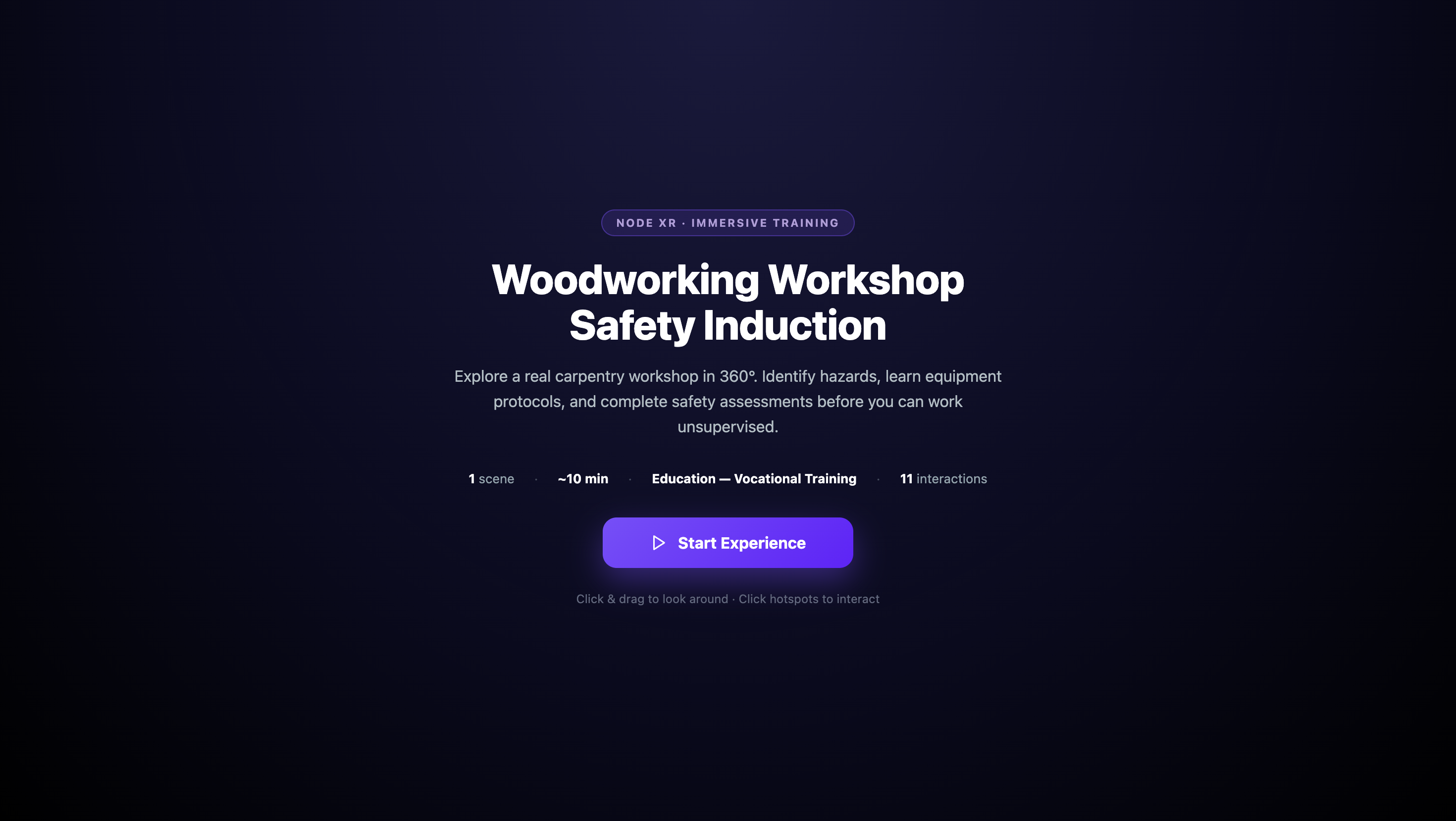 Woodworking workshop title screen showing 1 scene, approximately 10 minutes, 11 interactions