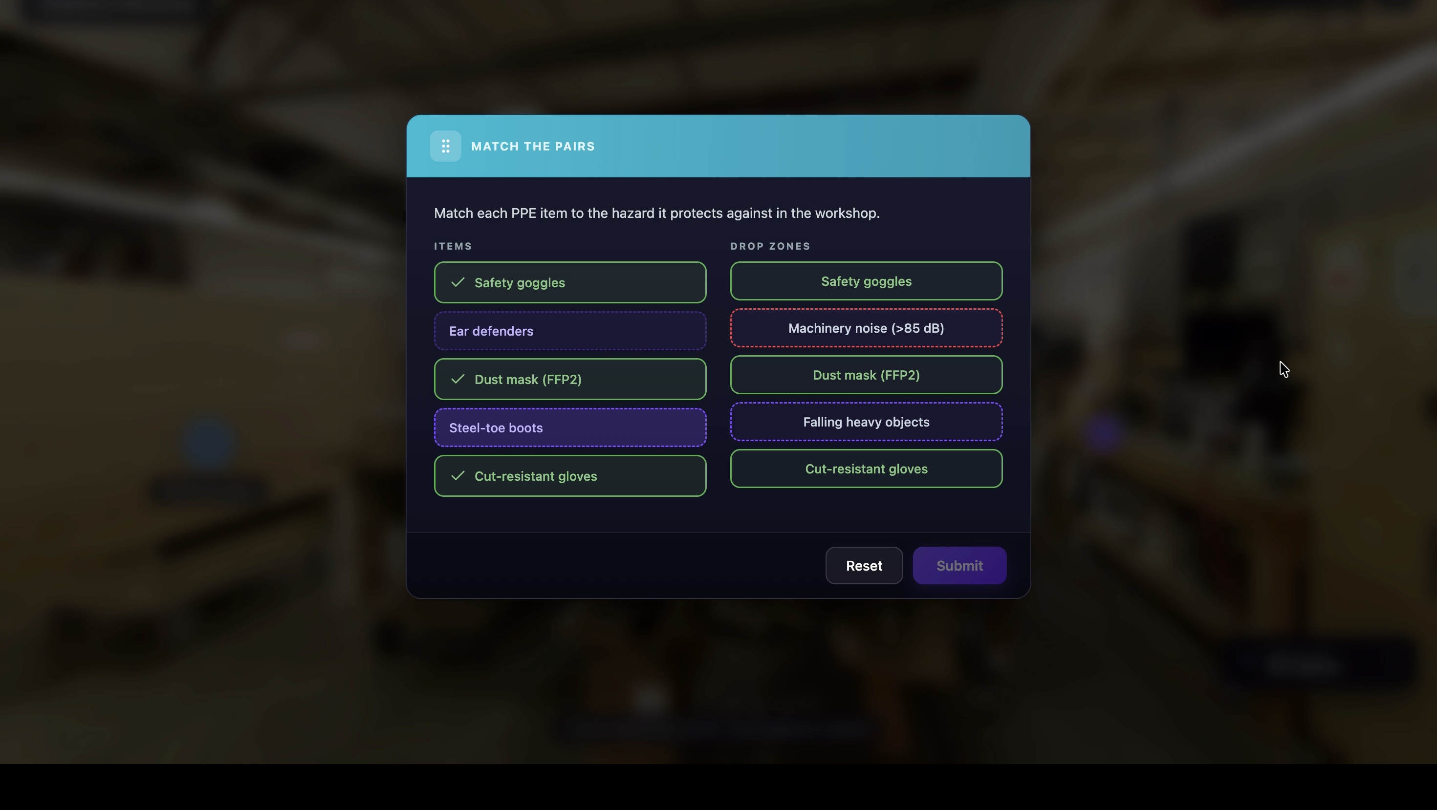 PPE match-the-pairs quiz capturing every answer