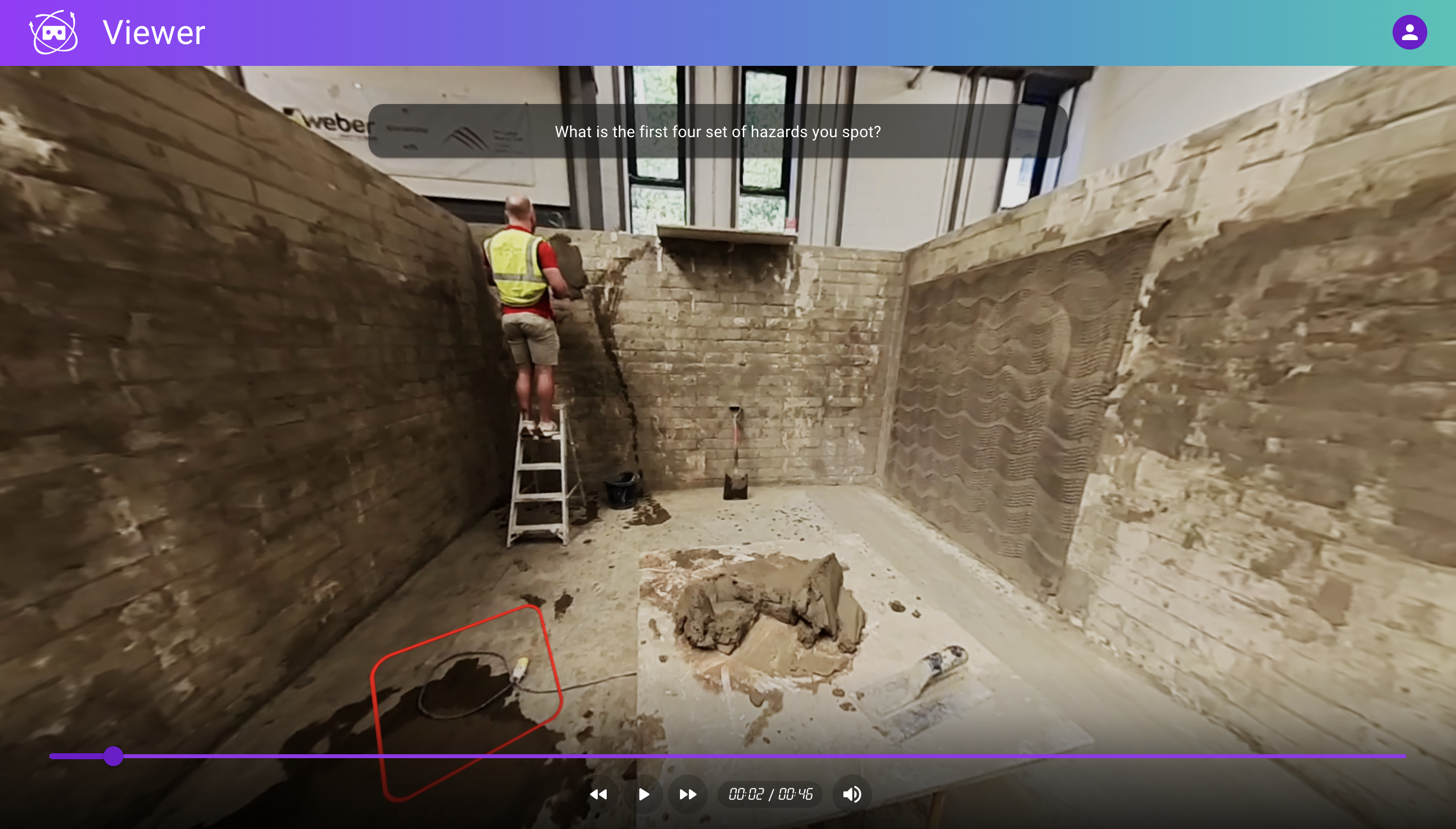 The same 360-degree scene with tagged hazards highlighted in red